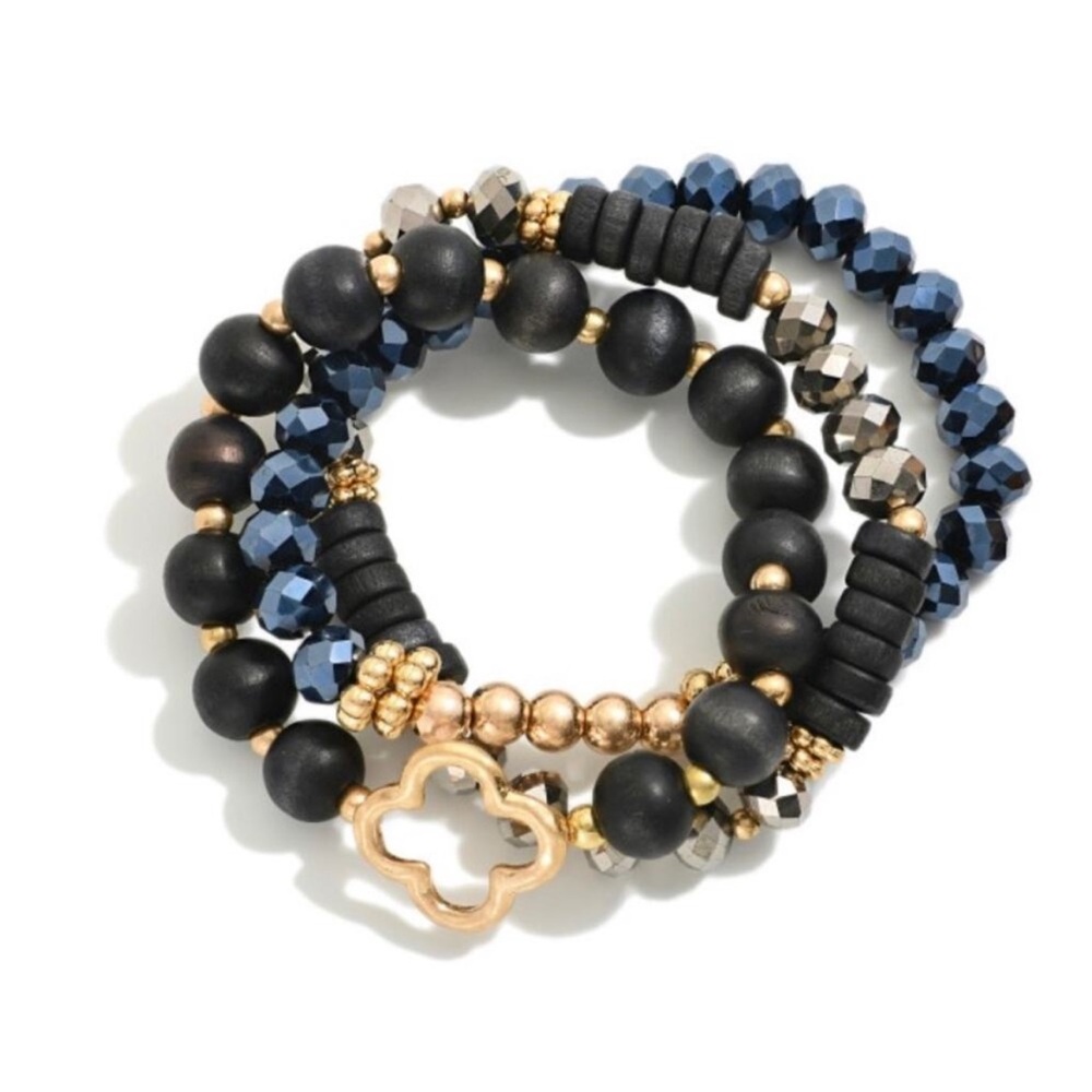 Elegant Three Bracelet Set*Faceted, Wood and Clover beads! Stretch*Black